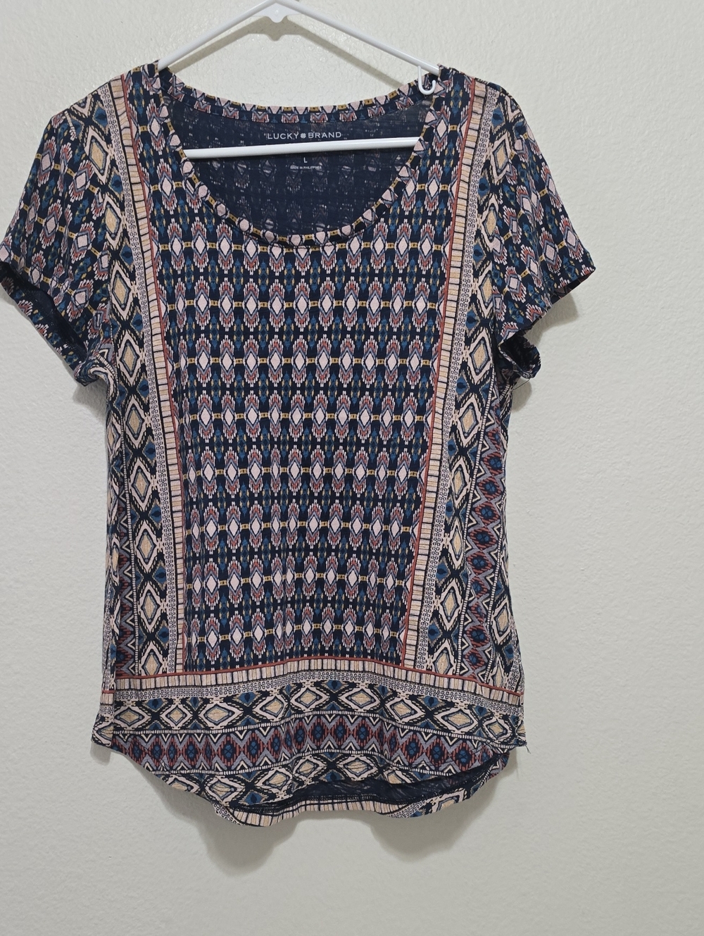 Lucky Brand Navy Multicolor Geometric Short Sleeve Tee L